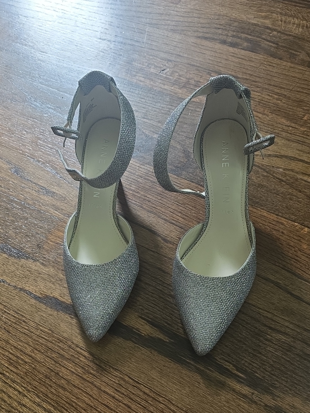 Anne Klein Silver Glitter Pointed-Toe Ankle-Strap Heels